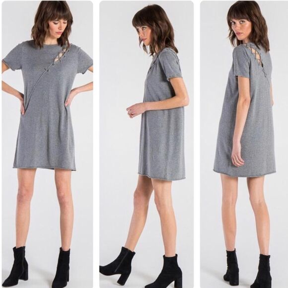 Philanthropy $198 Grey Hawke Short Sleeve Lace Up Shoulder Sweater Dress - Picture 3 of 11